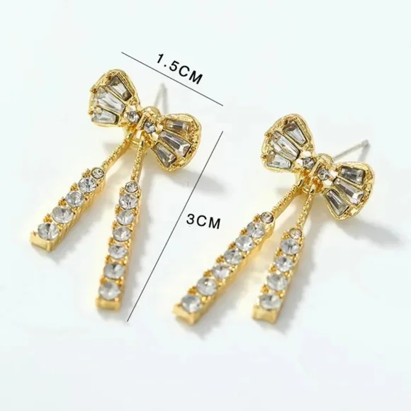 Bow Rhinestone Gold Earrings - Picture 3 of 4